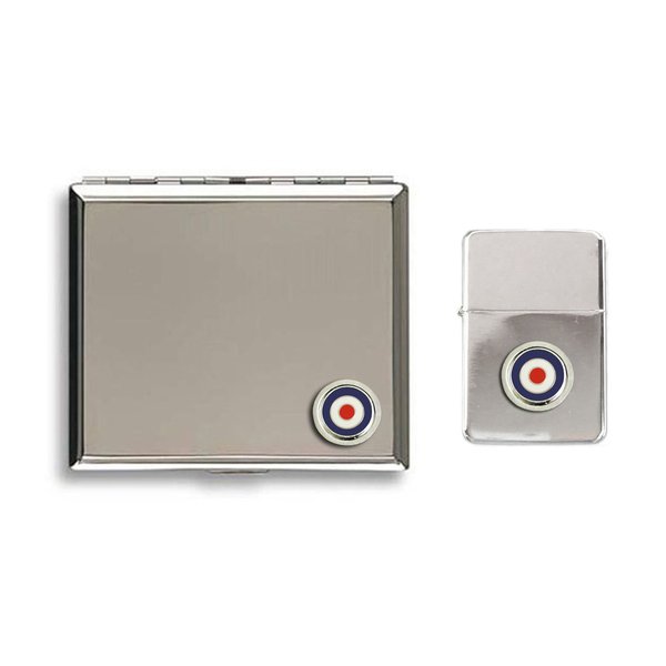 RAF roundel polished chrome cigarette case and stormproof petrol lighter