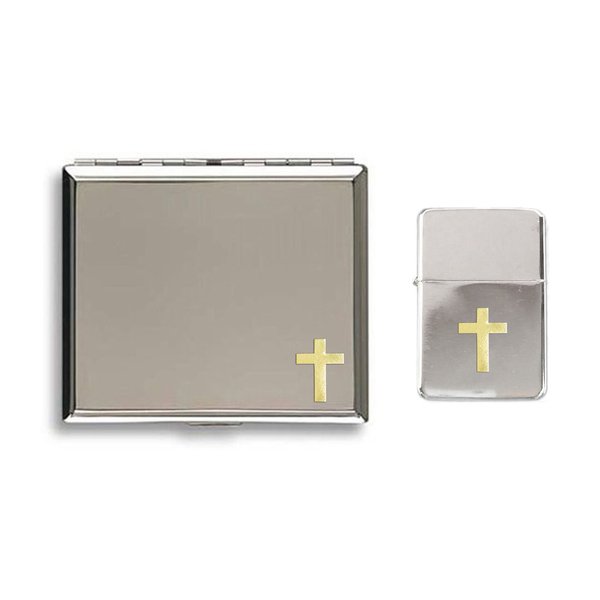Gold Latin cross polished chrome cigarette case and stormproof petrol lighter