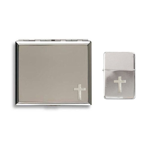 Silver Latin cross polished chrome cigarette case and stormproof petrol lighter