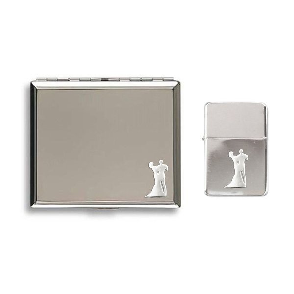 Dancing couple polished chrome cigarette case and stormproof petrol lighter