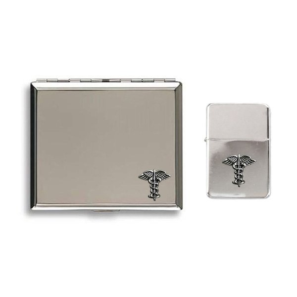 Caduceus medical symbol polished chrome cigarette case and stormproof petrol lighter