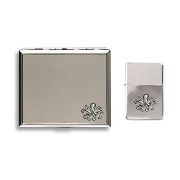Roman octopus polished chrome cigarette case and stormproof petrol lighter
