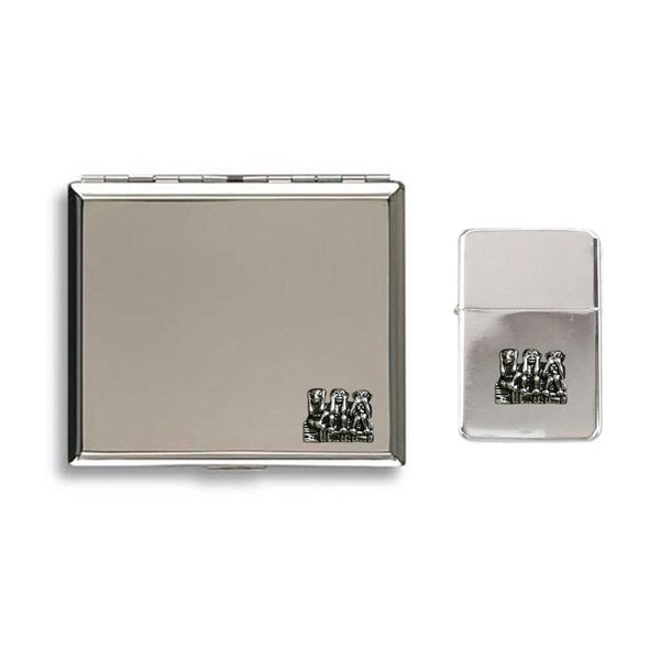 Three wise monkeys polished chrome cigarette case and stormproof petrol lighter