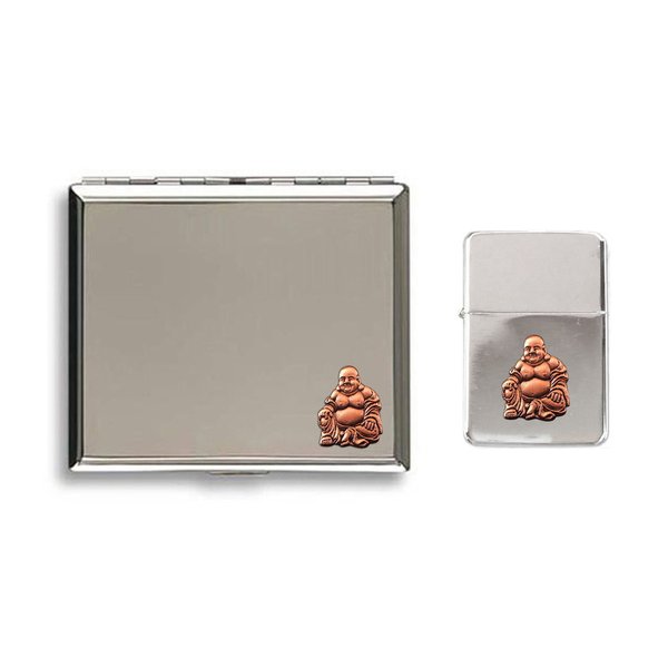Chinese buddha polished chrome cigarette case and stormproof petrol lighter