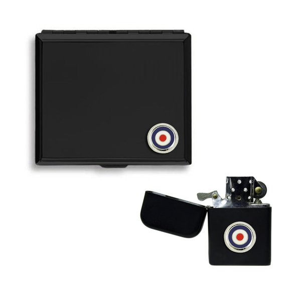 RAF roundel matte black cigarette case and stormproof petrol lighter