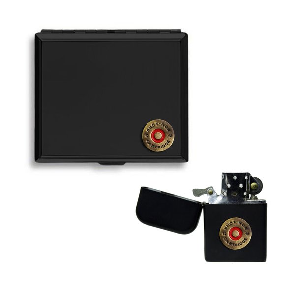 Shotgun cartridge matte black cigarette case and stormproof petrol lighter