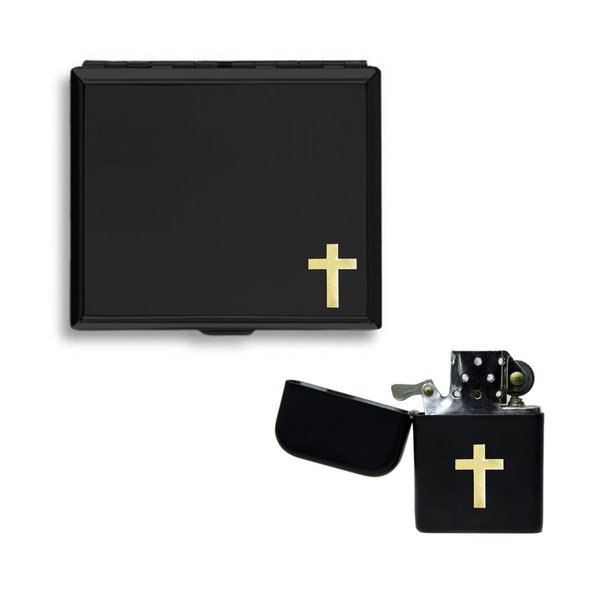 Gold Latin cross matte black cigarette case and stormproof petrol lighter