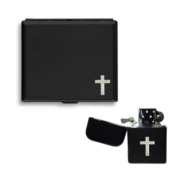Silver Latin cross matte black cigarette case and stormproof petrol lighter