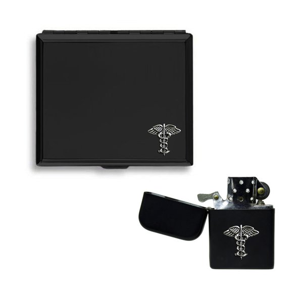 Caduceus medical symbol matte black cigarette case and stormproof petrol lighter