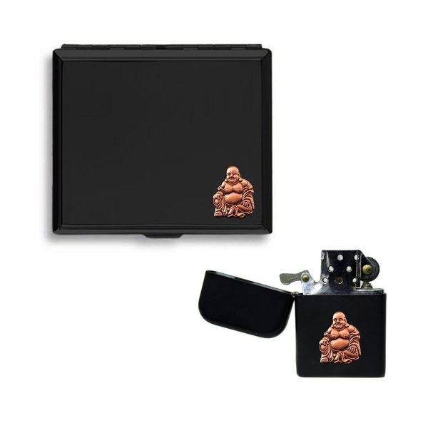 Chinese buddha matte black cigarette case and stormproof petrol lighter