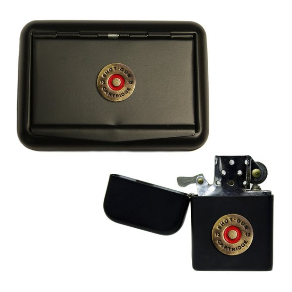 Shotgun cartridge matte black tobacco tin and stormproof petrol lighter