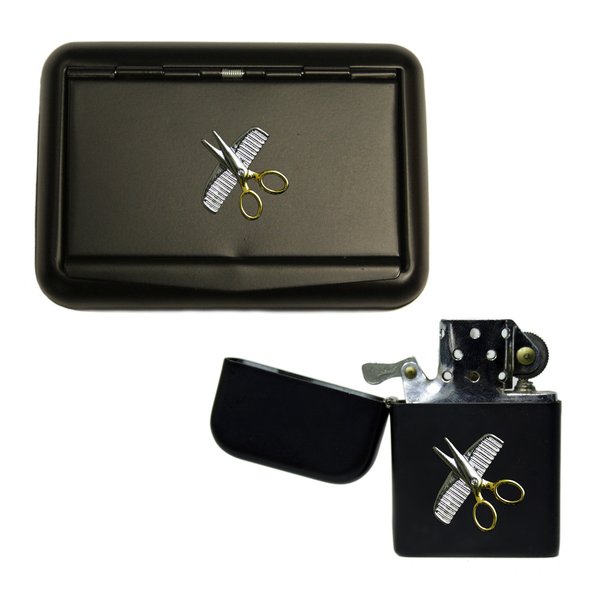 Hair stylist's comb and scissors matte black tobacco tin and stormproof petrol lighter
