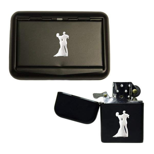Dancing couple matte black tobacco tin and stormproof petrol lighter