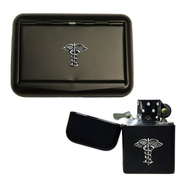 Caduceus medical symbol matte black tobacco tin and stormproof petrol lighter
