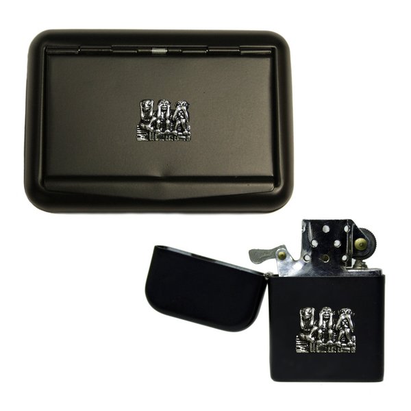 Three wise monkeys matte black tobacco tin and stormproof petrol lighter