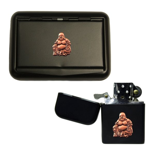 Chinese buddha matte black tobacco tin and stormproof petrol lighter