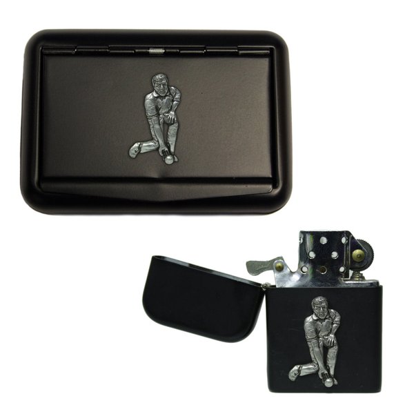 Bowling matte black tobacco tin and stormproof petrol lighter