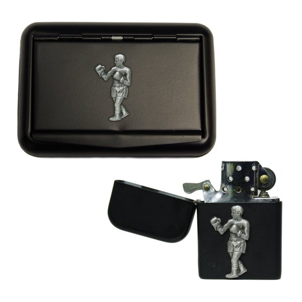 Boxing matte black tobacco tin and stormproof petrol lighter