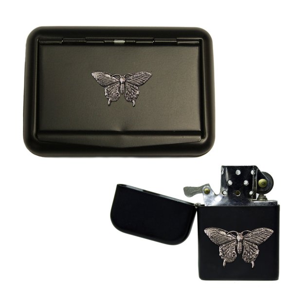Butterfly matte black tobacco tin and stormproof petrol lighter