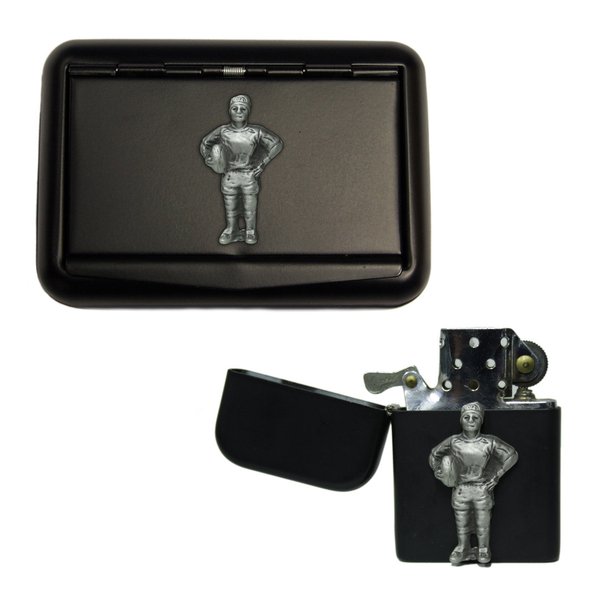 Rugby matte black tobacco tin and stormproof petrol lighter