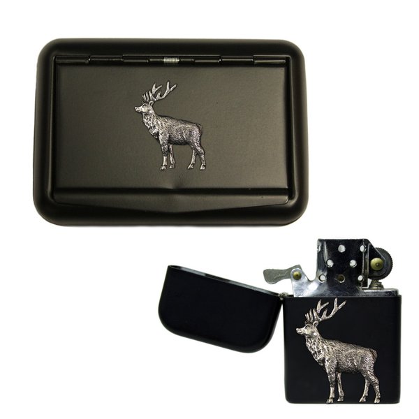 Stag matte black tobacco tin and stormproof petrol lighter