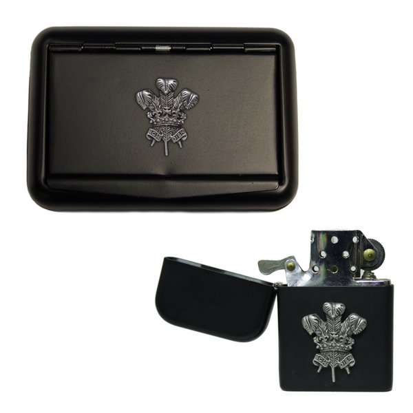 Welsh feathers matte black tobacco tin and stormproof petrol lighter
