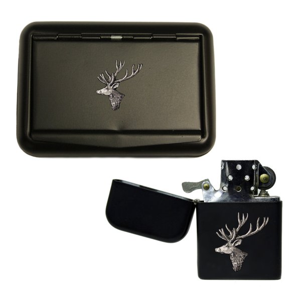Stag head matte black tobacco tin and stormproof petrol lighter