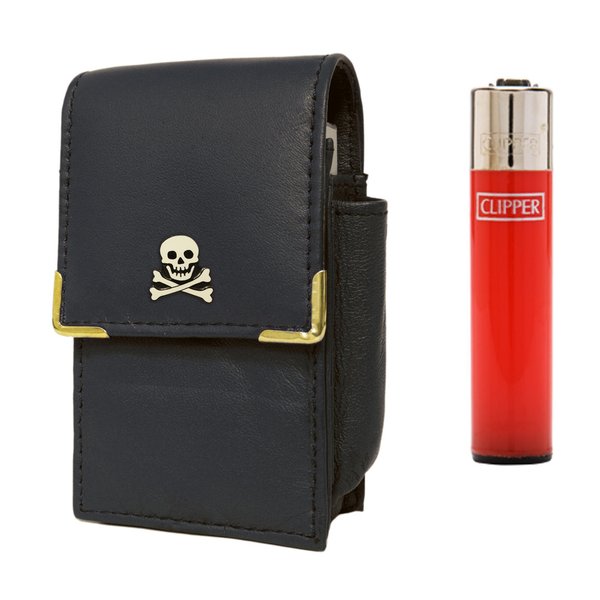Skull and crossbones cigarette packet holder with Clipper gas lighter
