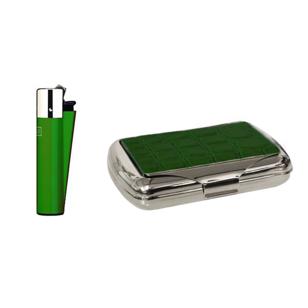 Green croc effect tobacco tin with Clipper lighter