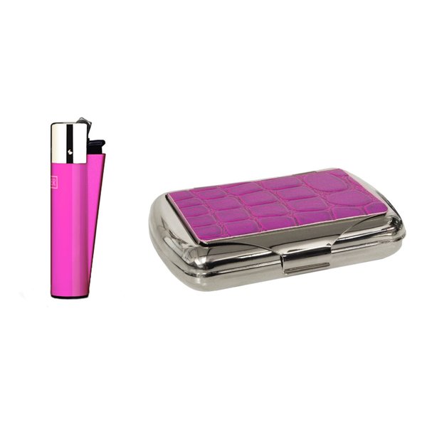 Pink croc effect tobacco tin with Clipper lighter