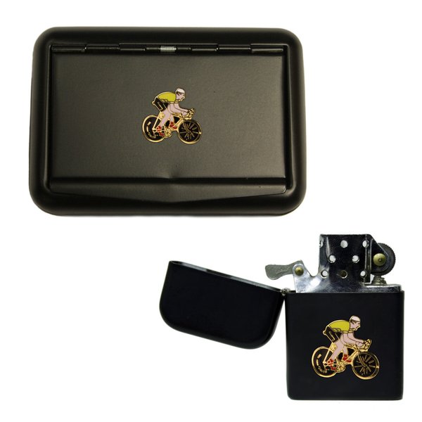 Cyclist matte black tobacco tin and stormproof petrol lighter