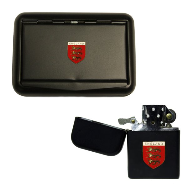 England 3 lions matte black tobacco tin and stormproof petrol lighter