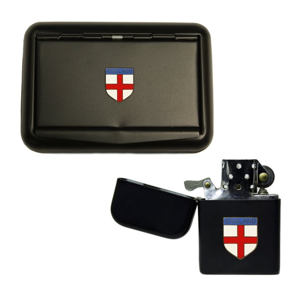 England St George's cross matte black tobacco tin and stormproof petrol lighter