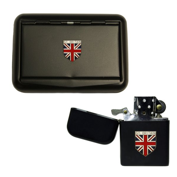 Great Britain Union Jack matte black tobacco tin and stormproof petrol lighter
