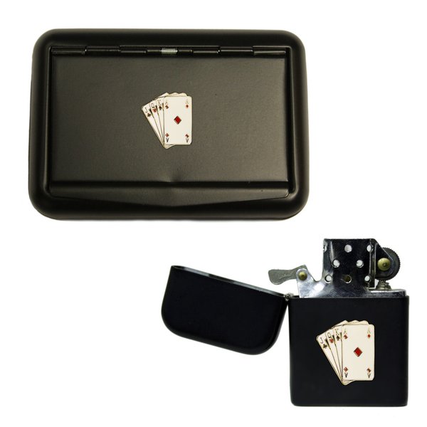 Poker playing cards matte black tobacco tin and stormproof petrol lighter