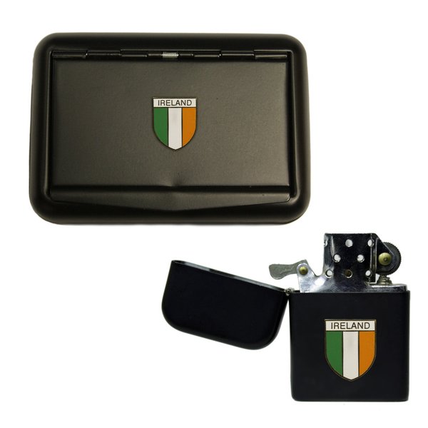 Irish tricolour matte black tobacco tin and stormproof petrol lighter
