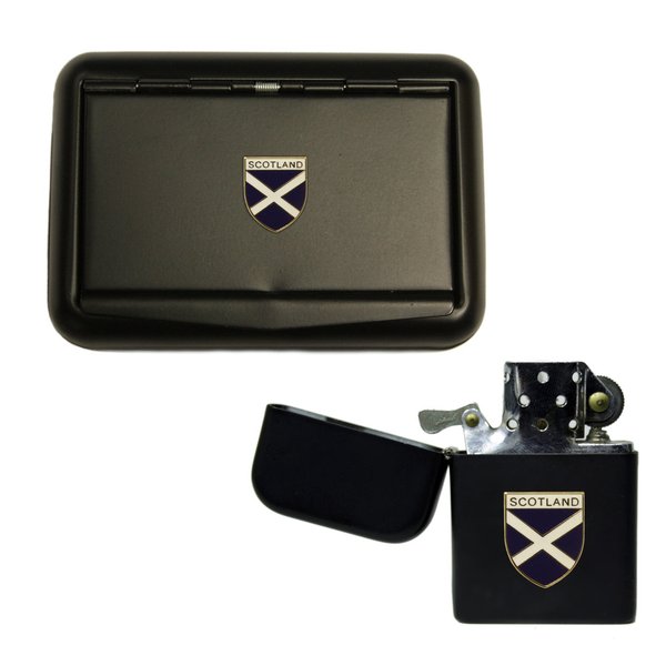 Scotland St Andrew's cross matte black tobacco tin and stormproof petrol lighter