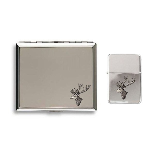Stag head stormproof petrol lighter and cigarette case