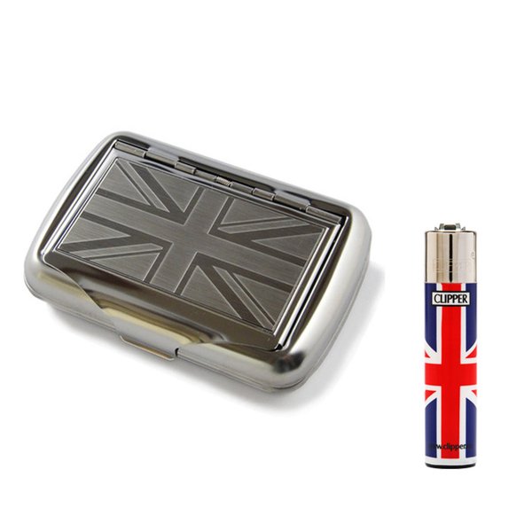 Union flag chrome tobacco tin with Clipper lighter