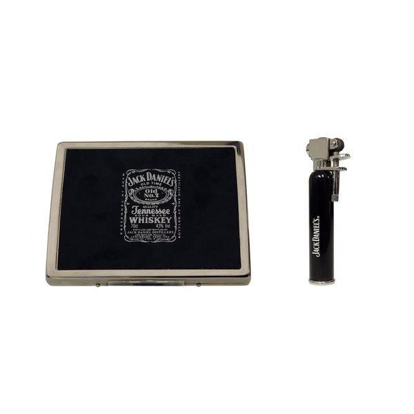 Jack Daniel's fluted cigarette case and flint action gas lighter