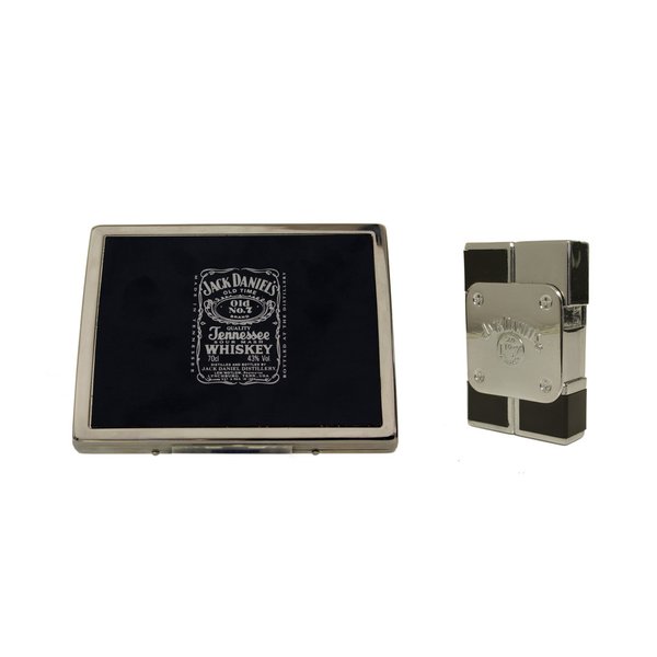Jack Daniel's fluted cigarette case and square electronic gas lighter